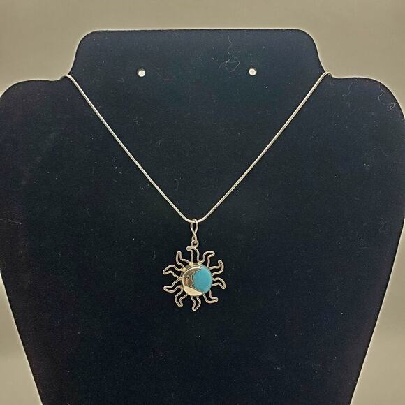 Sterling Silver Larimar Sun Moon Pendant 23" Snake Chain Necklace Made in Mexico - Picture 1 of 12